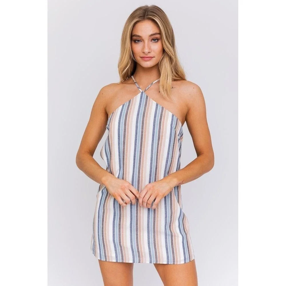 Le Lis Cassidy Stripe Halter Neck Dress Size Small Blue Taupe NWT‎